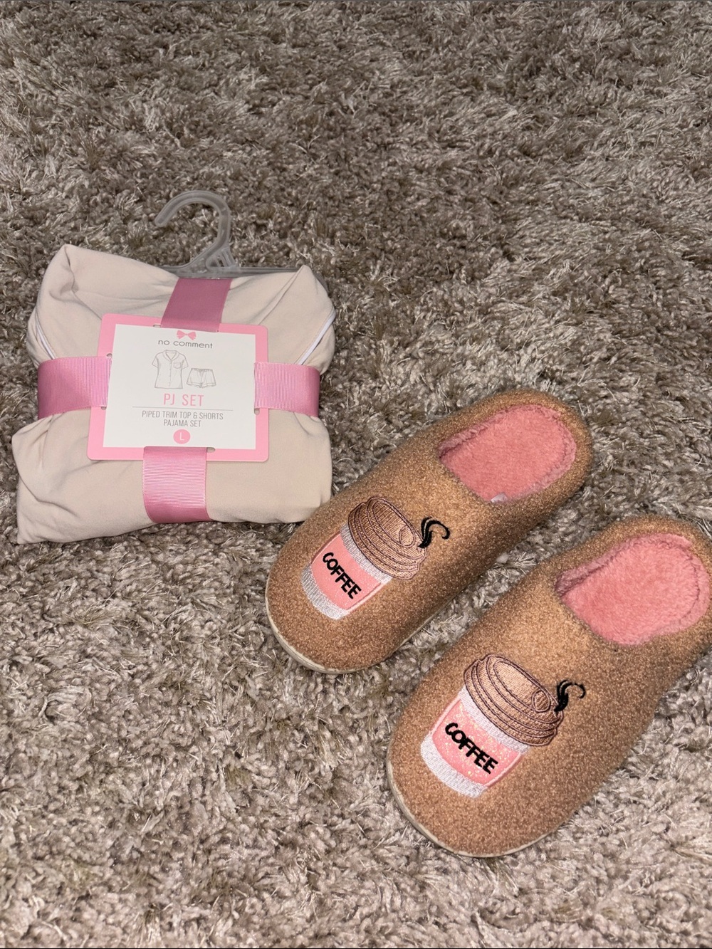 PJs Coffee Slippers with Tan Button up Pajama Set w Shorts